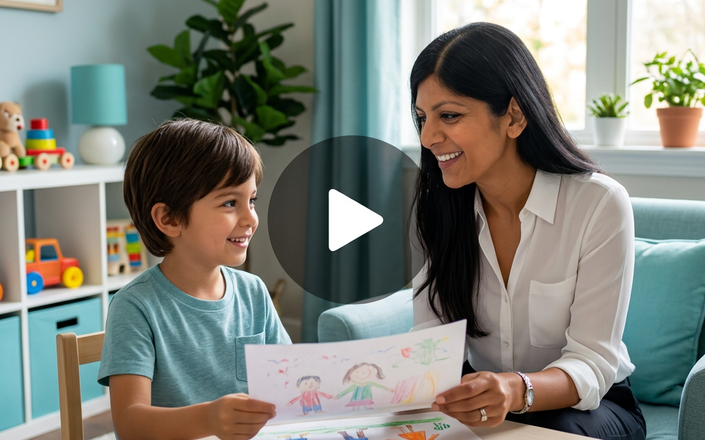 AI-generated illustrative thumbnail of Nupur Dave with a child in a welcoming therapy setting